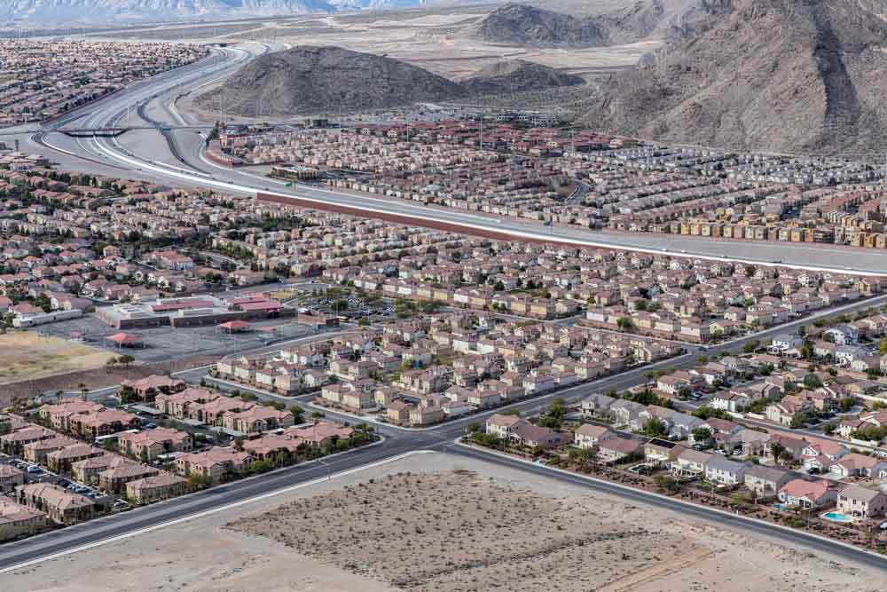 Las Vegas suburban housing sprawl adjoining the Spring Mountains in Southern Nevada.
