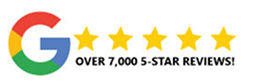 Google logo followed by five yellow stars and the text “OVER 7,000 5-STAR REVIEWS!” on a white background.
