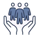Icon showing three simplified human figures standing together, with two open hands below them, palms facing upward, as if protecting or supporting the group.