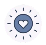 A dark blue circle with a white heart inside is surrounded by short lines, creating a radiant or glowing effect on a light background.