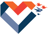 A certified geometric heart shape in shades of orange, red, blue, and navy with three origami birds flying out from its upper right side.