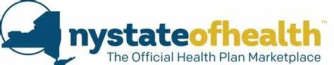 Logo with a blue outline of New York State and text: nystateofhealth The Official Health Plan Marketplace, offering access to medicaid and other coverage options.