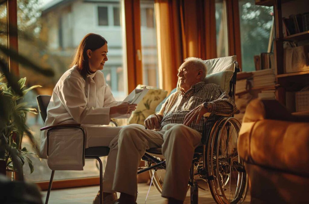 A smiling healthcare worker shows a document to an elderly man in a wheelchair inside a sunlit room, creating a warm and friendly atmosphere.