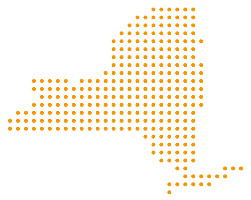 A map of New York State is illustrated using evenly spaced orange dots on a light gray background.