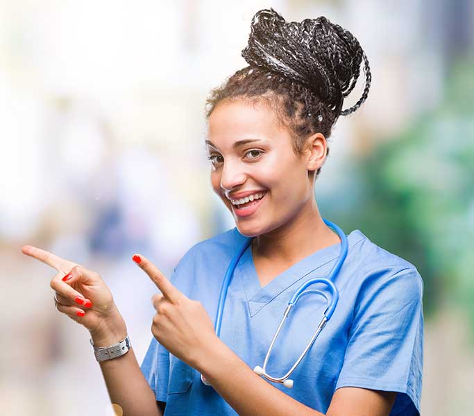 healthcare woman on right pointing left