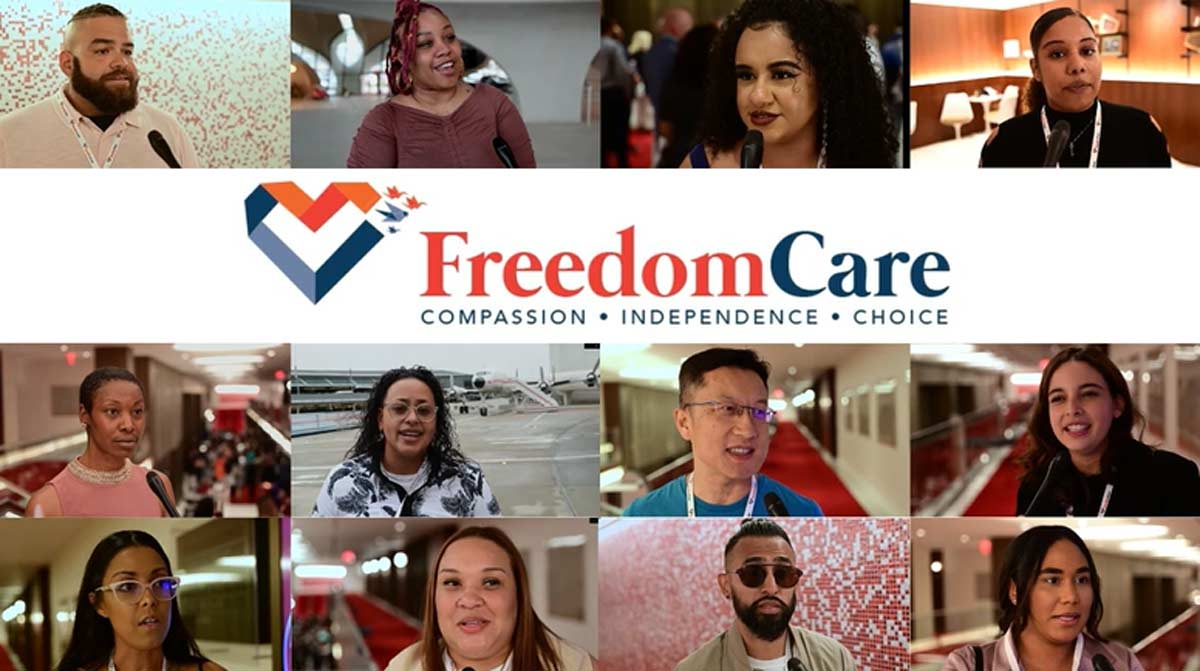 A collage of diverse people giving testimonials, with the FreedomCare logo and slogan Compassion • Independence • Choice in the center. Each person is shown in an indoor setting, speaking and smiling.