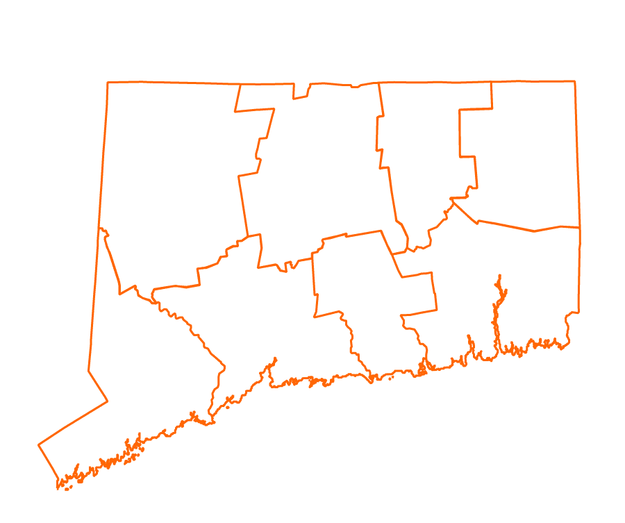 An outline map of Connecticut showing its counties, with borders marked by orange lines on a light background. No labels or additional features are present.