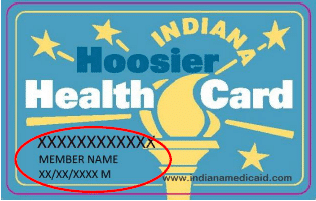 A blue Indiana Hoosier Health Card with yellow torch and stars, featuring masked personal information in a red oval and the website www.indianamedicaid.com at the bottom right.