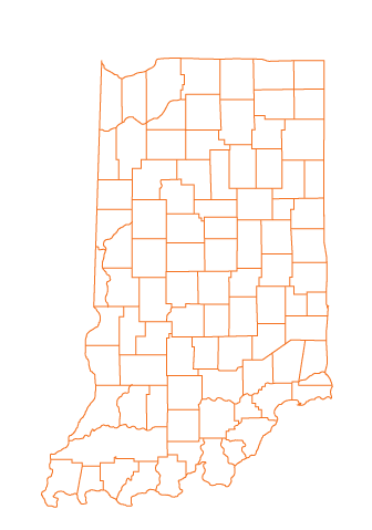 Outline map of Indiana featuring all county boundaries in orange lines on a white background; no labels, colors, or additional markings are present.