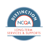 Round blue badge with the words Distinction NCQA in white and orange letters. A white banner across the badge reads Long-Term Services & Supports in orange capital letters.