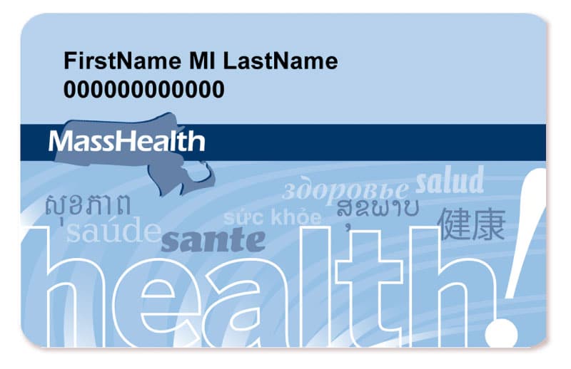 A sample MassHealth insurance card with placeholder text for name and number, a blue background, and the word health in large print with translations in multiple languages.