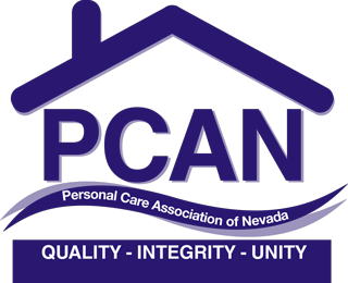 Logo for the Personal Care Association of Nevada (PCAN), featuring a house roof outline above PCAN and a banner below reading Personal Care Association of Nevada, with the words QUALITY - INTEGRITY - UNITY at the bottom.