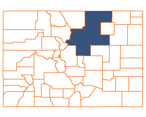 An outline map of Colorado counties with several counties in the north-central part of the state highlighted in dark blue, while the rest of the counties are outlined in orange.