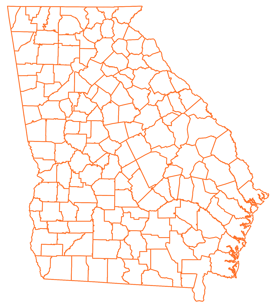 Outline map of Georgia, USA, showing all county boundaries in orange on a white background. No names or labels are displayed.
