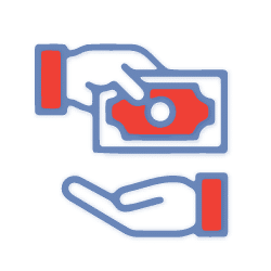 Icon of one hand giving a bill to another open hand, depicted in blue and red colors on a light background, symbolizing a money transaction or payment.