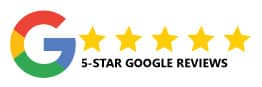 Google logo followed by five yellow stars and the text 5-Star Google Reviews underneath the stars, indicating a high rating or positive reviews on Google.