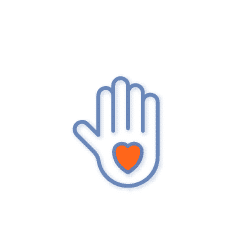 A blue outline of an open hand with an orange heart shape in the center of the palm, set against a plain white background.