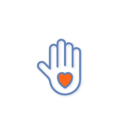 A simple blue outline of an open hand with a small red heart in the center of the palm, set against a light gray background.