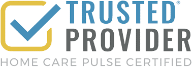 A blue checkmark inside a yellow square next to the words Trusted Provider in large letters, with Home Care Pulse Certified written below in smaller text.