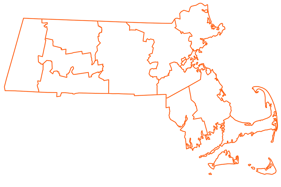 An outline map of Massachusetts showing its county boundaries, with each county divided by orange lines on a white background. No labels or additional details are included.