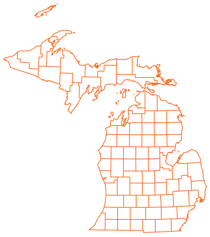 Outline map of Michigan showing county boundaries, with no labels or color fill; borders are marked with thin orange lines on a white background.