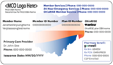 A sample OhioRISE insurance card showing member and provider details, ID numbers, contact information, benefit phone numbers, and a pharmacy benefit section, over a background image of Ohios state outline.