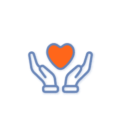 Two blue-outlined hands are open and raised, holding an orange heart shape above them on a light gray background.
