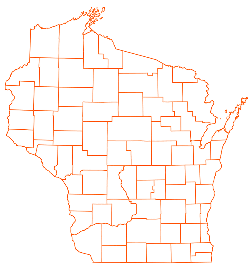 Outline map of Wisconsin showing county boundaries in orange on a white background, with no labels or additional features.