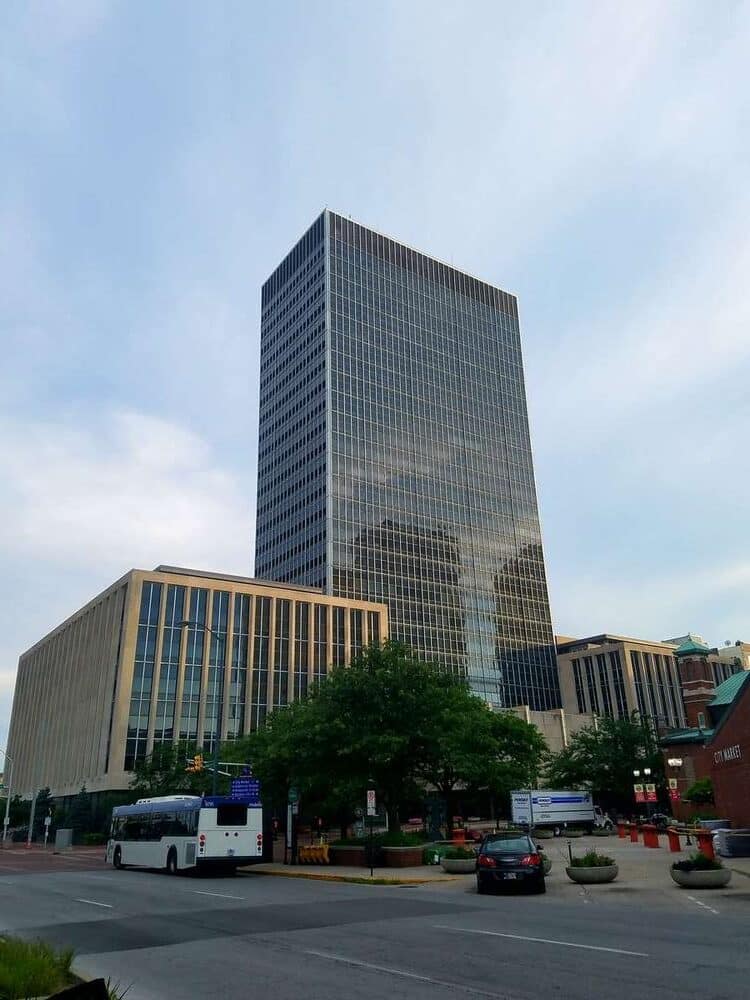 Indianapolis City-County Building in downtown Indianapolis, Indiana, the consolidated city-county government headquarters serving Marion County, viewed from near North Alabama and East Market streets.