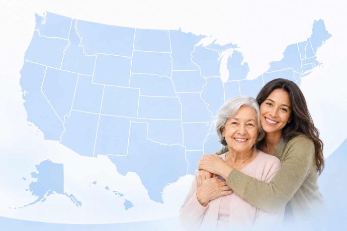 Family caregiver and patient with US states map in the background