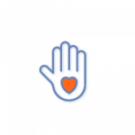 A simple blue outline of an open hand with a small red heart in the center of the palm, set against a light gray background.